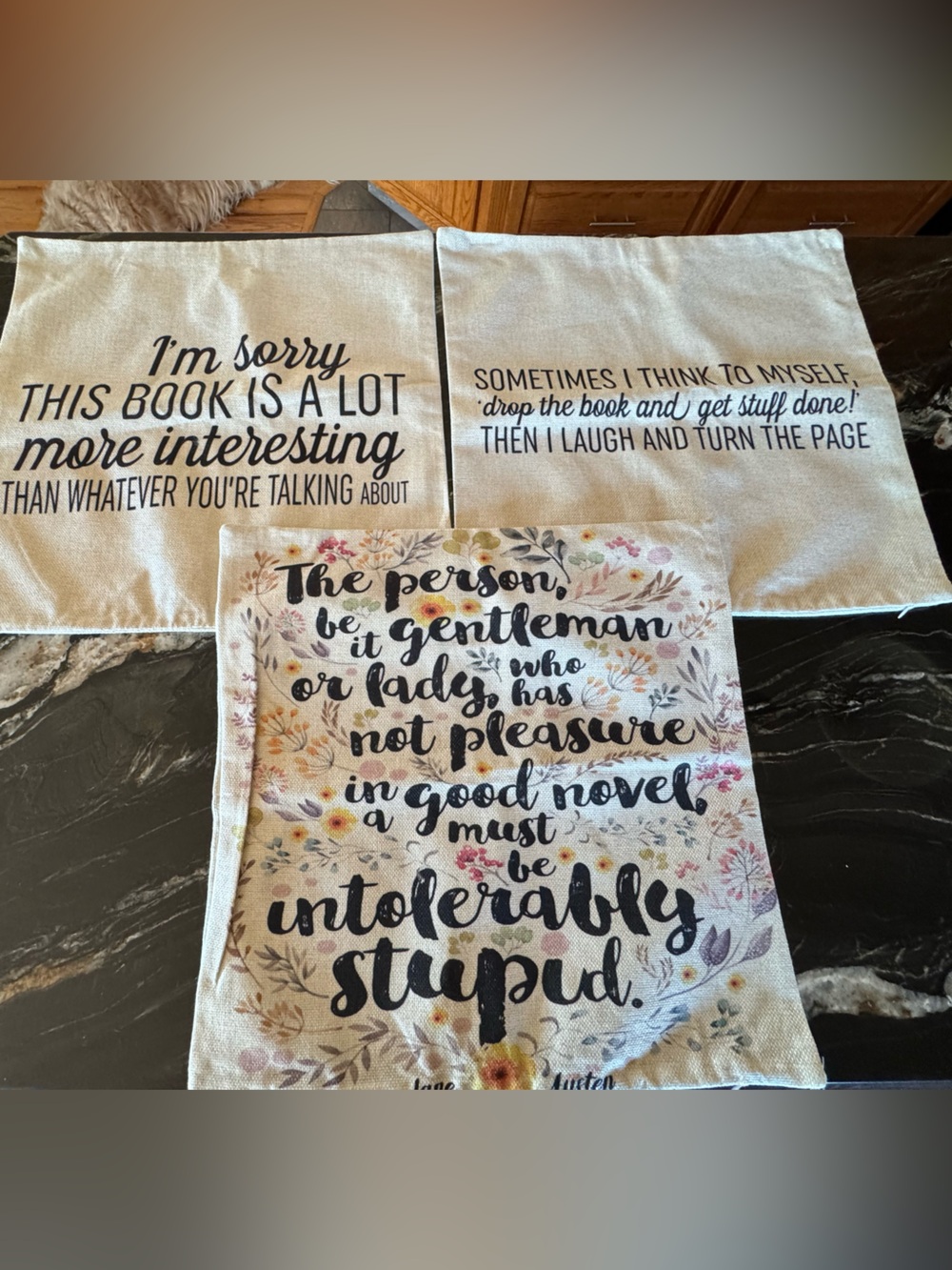 Set of 3 Literary Quote Pillow Covers Jane Austen & Reading Nook Decor 18x18